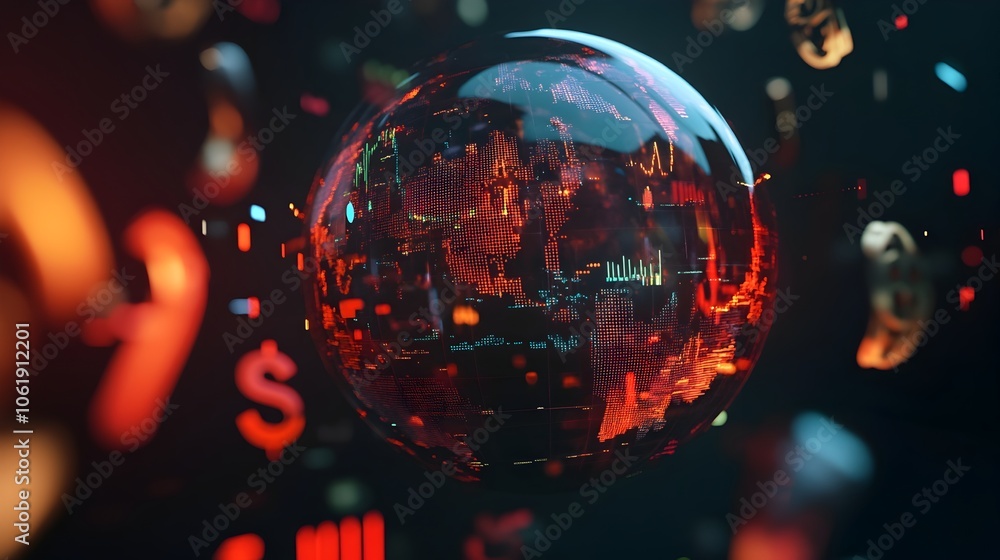 Poster transparent 3d glass globe with floating data charts and currency symbols