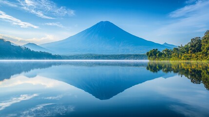 Serene mountain reflected in still lake water at sunrise.