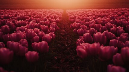 Sunset Over a Vibrant Tulip Field