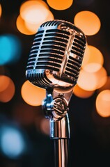 Vintage microphone with blurred orange and blue lights in the background
