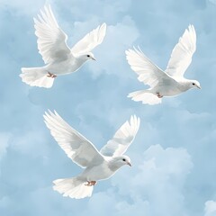 Fototapeta premium Three White Doves Flying in Blue Sky Peace Hope Freedom Nature Bird Wings Symbol