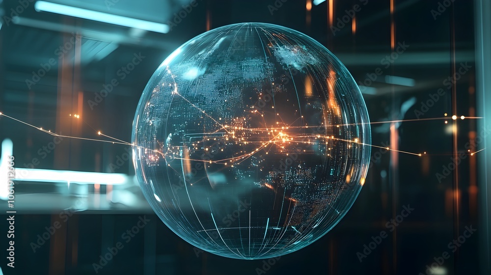 Aufkleber futuristic glass globe with connected data lines and digital graphs in backdrop