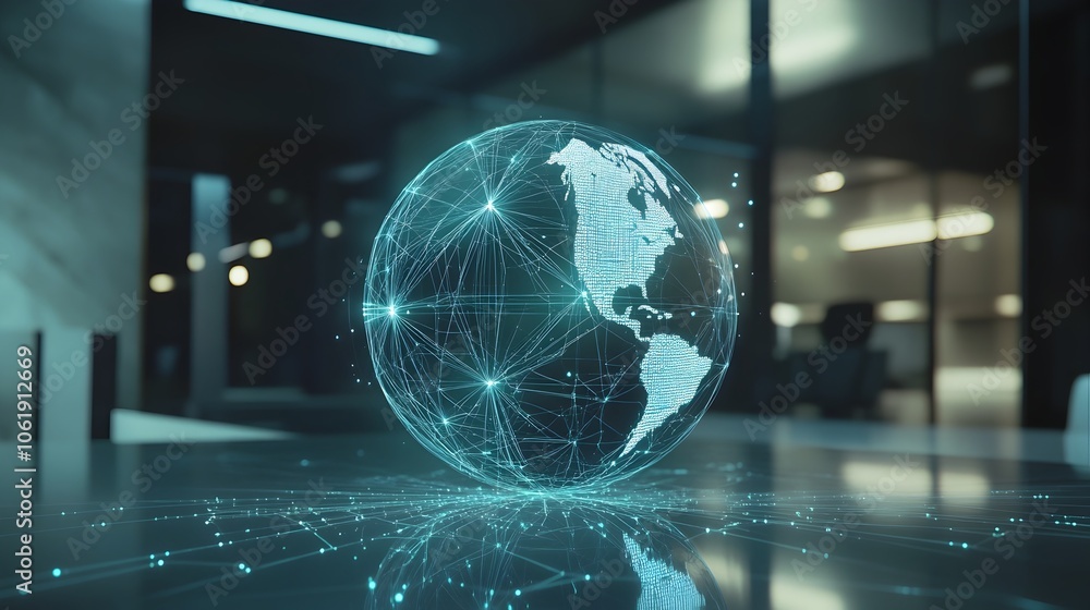 Aufkleber futuristic global data network visualization in sleek office environment