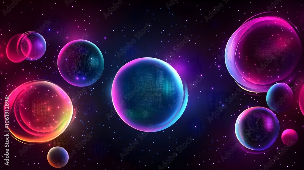 Poster mesmerizing floating gradient spheres with neon glow in dark digital chic design