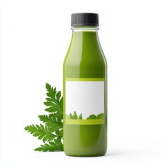 A green juice bottle with a blank label next to fresh herbs, ideal for health-focused branding and organic beverage ideas.