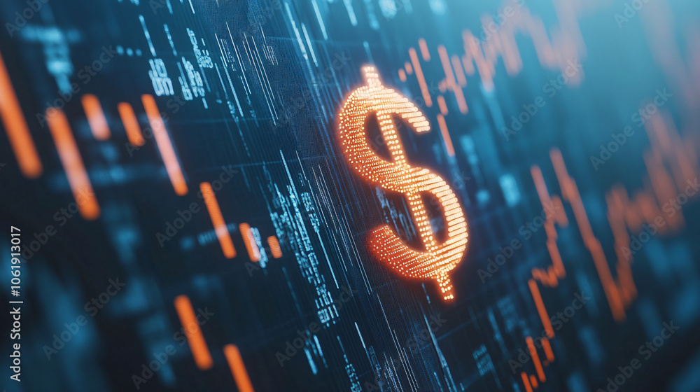 Poster glowing dollar sign made of pixels on a digital screen with financial data charts, suggesting tradin