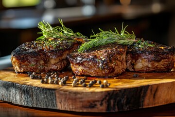 Juicy grilled steaks with rosemary and spices on a wooden board