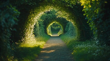 A path through a tunnel of green trees.