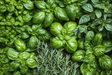 Fresh green herbs including various types of basil and rosemary, arranged closely together, showcasing their rich colors and textures.