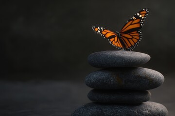 Monarch butterfly perched on stacked stones against a dark background