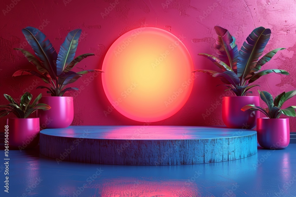 Poster modern 3d podium setup featuring glowing circular backdrop with vibrant plants in a futuristic tech 