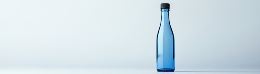 Minimalist blue glass bottle with a black cap, modern and sleek isolate white background