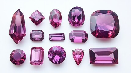 Set of vibrant spinel gems in multiple shapes and hues, arranged on a clean white background