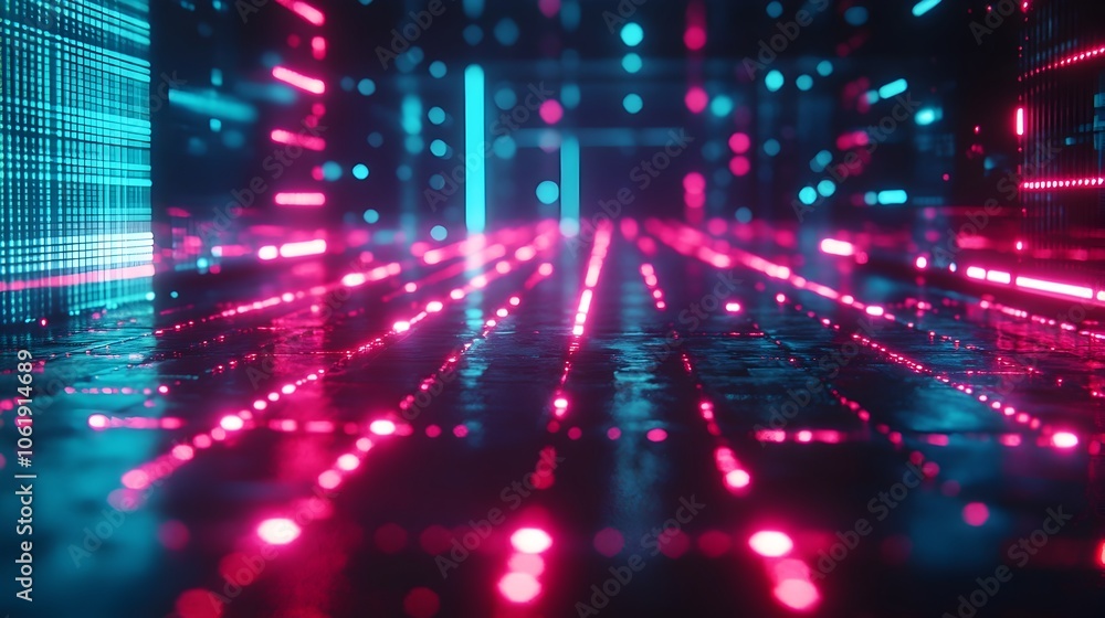 Poster glowing neon rectangle with flickering grid pattern and sci-fi retro frame