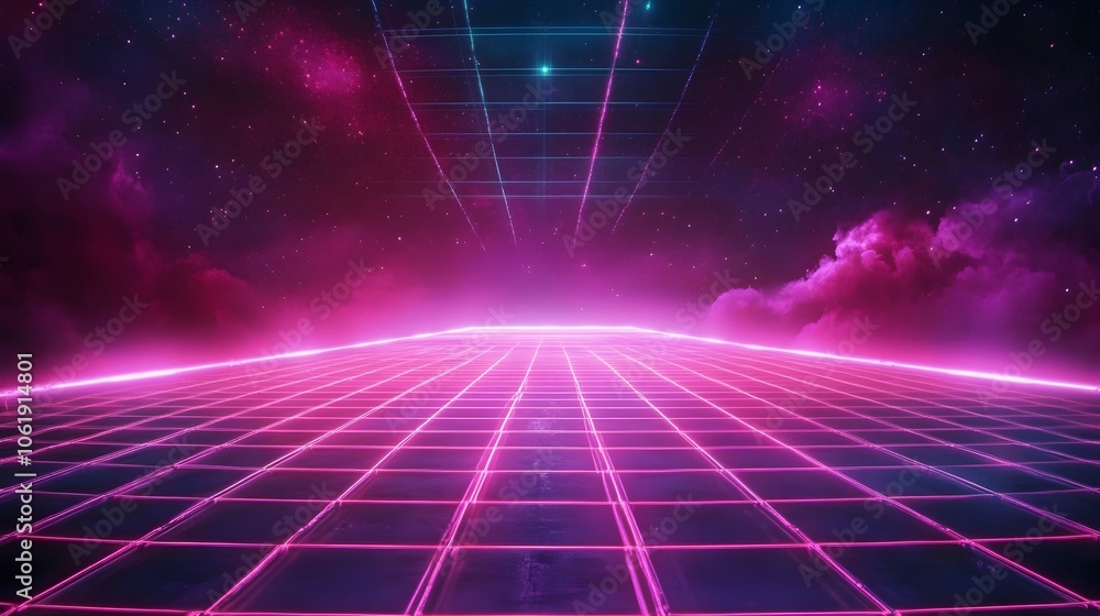 Poster glowing neon rectangle with flickering edges and grid pattern overlay in retro sci-fi landscape