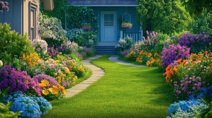 Naklejka premium Colorful Flower Garden and Pathway in Spring