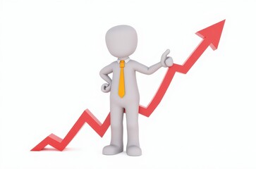 3d man red arrow success chart on white background.