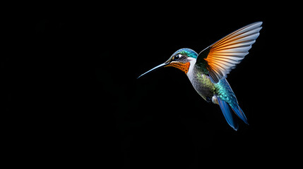Colorful hummingbird in flight with vibrant feathers and copy space