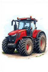 Obraz premium A vibrant red tractor on a dirt road, showcasing agricultural machinery with powerful wheels and a modern design.