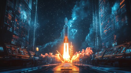 Fototapeta premium A stunning rocket launch scene in a futuristic setting, engulfed in vibrant flames and smoke, showcasing innovation and exploration.