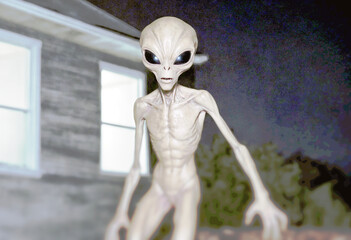 Typical overexposed photo of an alien in human-like form creeping around an old country house wooden hut, at night, night, eerie encounters, first contact with an extraterrestrial species, alien invas