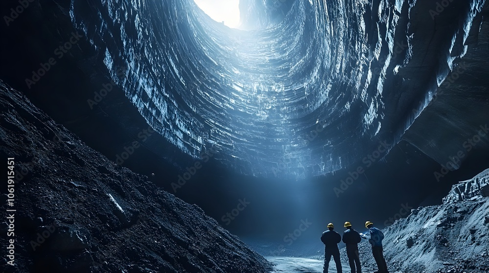 Aufkleber coal mining team inspecting open-pit mine layers for resource assessment