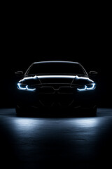 Sleek modern car front view with illuminated headlights in dark ambiance, emphasizing luxury, power, and design.