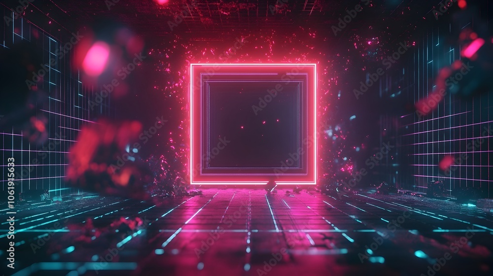Poster futuristic neon hologram frame with retro colors and grid background in cyber 80s style