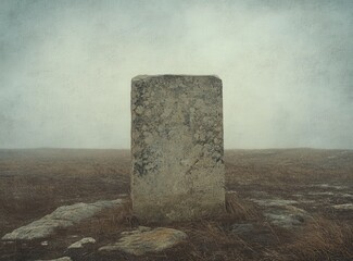 Weathered stone monolith standing alone in a desolate landscape