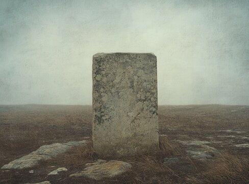 Weathered stone monolith standing alone in a desolate landscape
