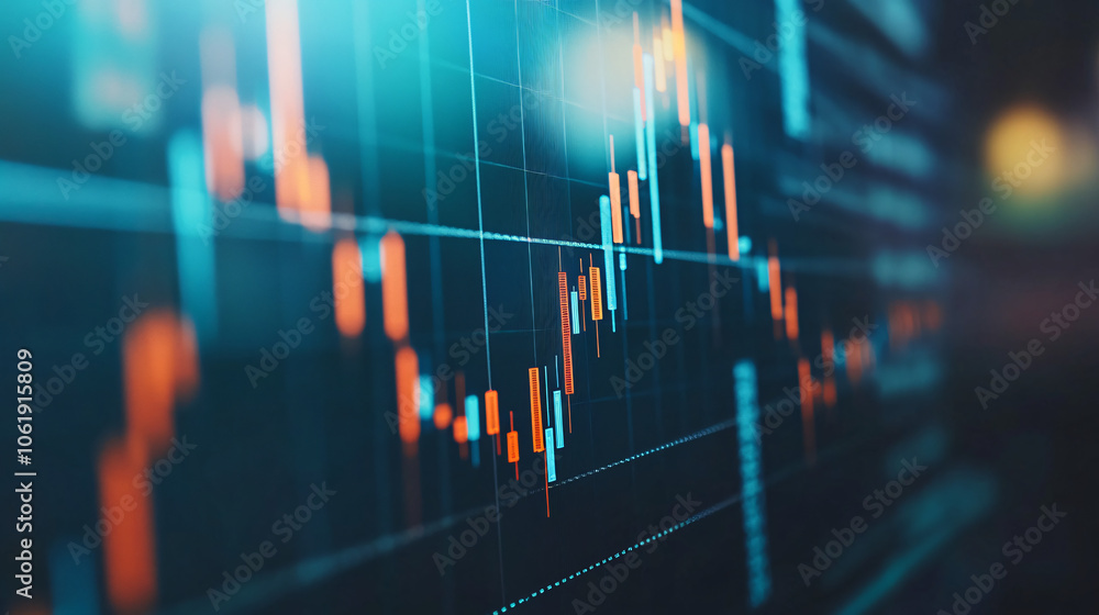 Poster blurred background with stock market ticker showing rising indicators, filled with blue and orange d