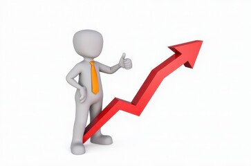 3d man red arrow success chart on white background.