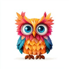 A vibrant, colorful owl illustration with large eyes and feather-like patterns, showcasing artistic design elements.