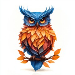 A vibrant, artistic owl made of colorful leaves, perched on a branch, showcasing shades of blue, orange, and yellow in a whimsical design.