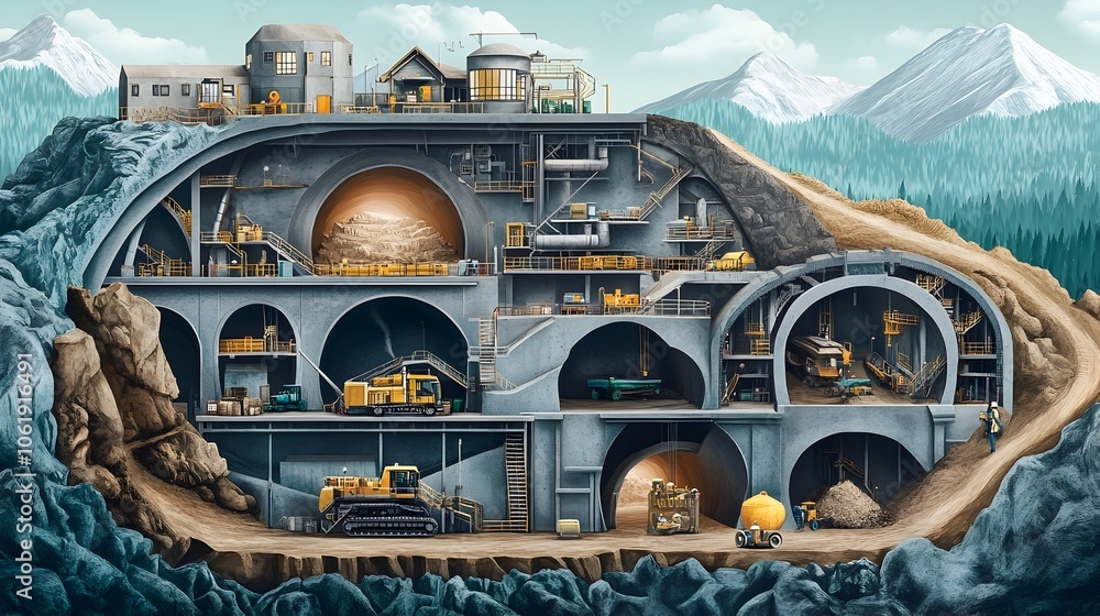 Aufkleber cross-section of underground mining tunnels showcasing the mining process and infrastructure