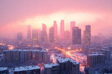 Fototapeta premium snowy cityscape with skyscrapers glowing in vibrant sunset, creating serene and magical atmosphere. buildings rise majestically above urban landscape, surrounded by soft, pinkish hue