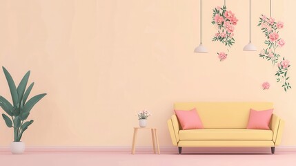 A bright and cozy living space featuring a yellow sofa, pink accents, floral wall decor, and a potted plant against a soft peach wall.