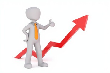3d man red arrow success chart on white background.