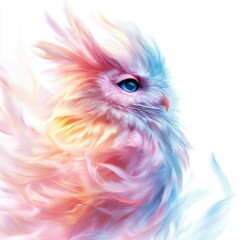 Obraz premium A colorful, ethereal creature resembling an owl, with a vibrant, fluffy texture and captivating blue eyes surrounded by a blend of pastel hues.