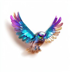 Fototapeta premium A vibrant, colorful owl with large wings, showcasing intricate patterns in purple and blue hues, set against a plain background.