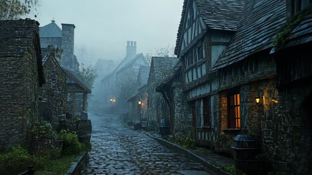 A foggy, early morning view of a cobblestone street in a quaint, stone village