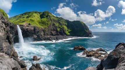 Fototapeta premium Serene Coastal Landscape with Waterfall and Blue Ocean