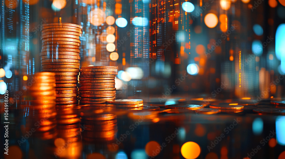 Poster stacks of coins forming an upward trend with stock exchange data in the background