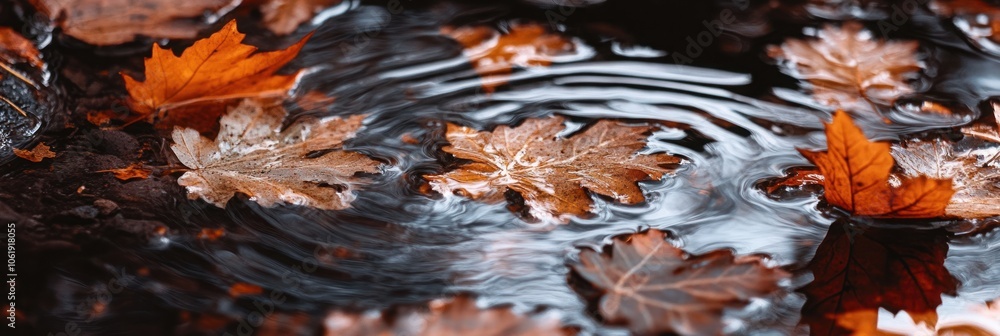 Poster autumn leaves float on a puddle of water, creating ripples.