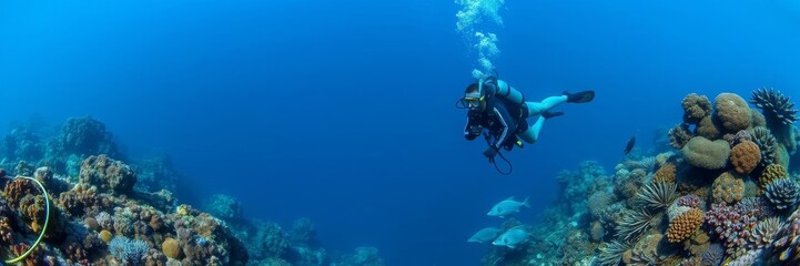 A vibrant underwater scene filled with colorful coral reefs, diverse marine life, and crystal clear waters, marine environment, underwater