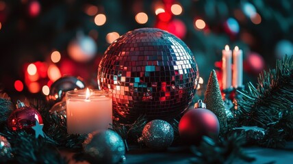 Festive New Year's Eve with burgundy disco ball, rich red and green decor, and lush greenery for a warm holiday ambiance. Christmas, New Year's Eve