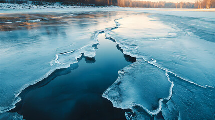 Frozen lake surface with cracks reflecting serene winter landscape