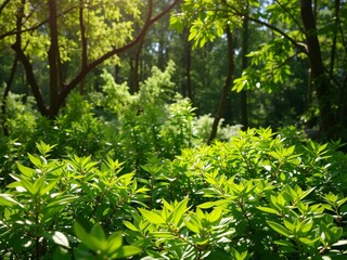 Fototapeta premium Background of lush green forest with sunlight filtering through the branches and creating a serene and peaceful atmosphere, leaves, natural