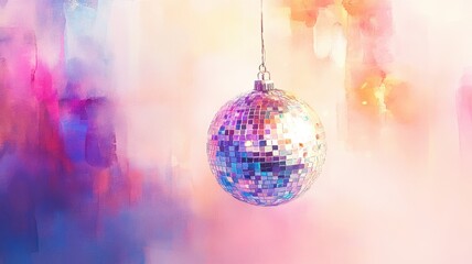 Elegant New Year's with watercolor disco ball, gentle color washes, and soft tones, perfect for holiday invitations. Christmas, New Year's Eve
