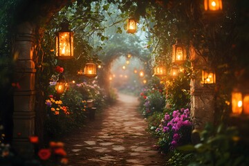 magical pathway, glowing evening  garden path with lanterns and floral archway